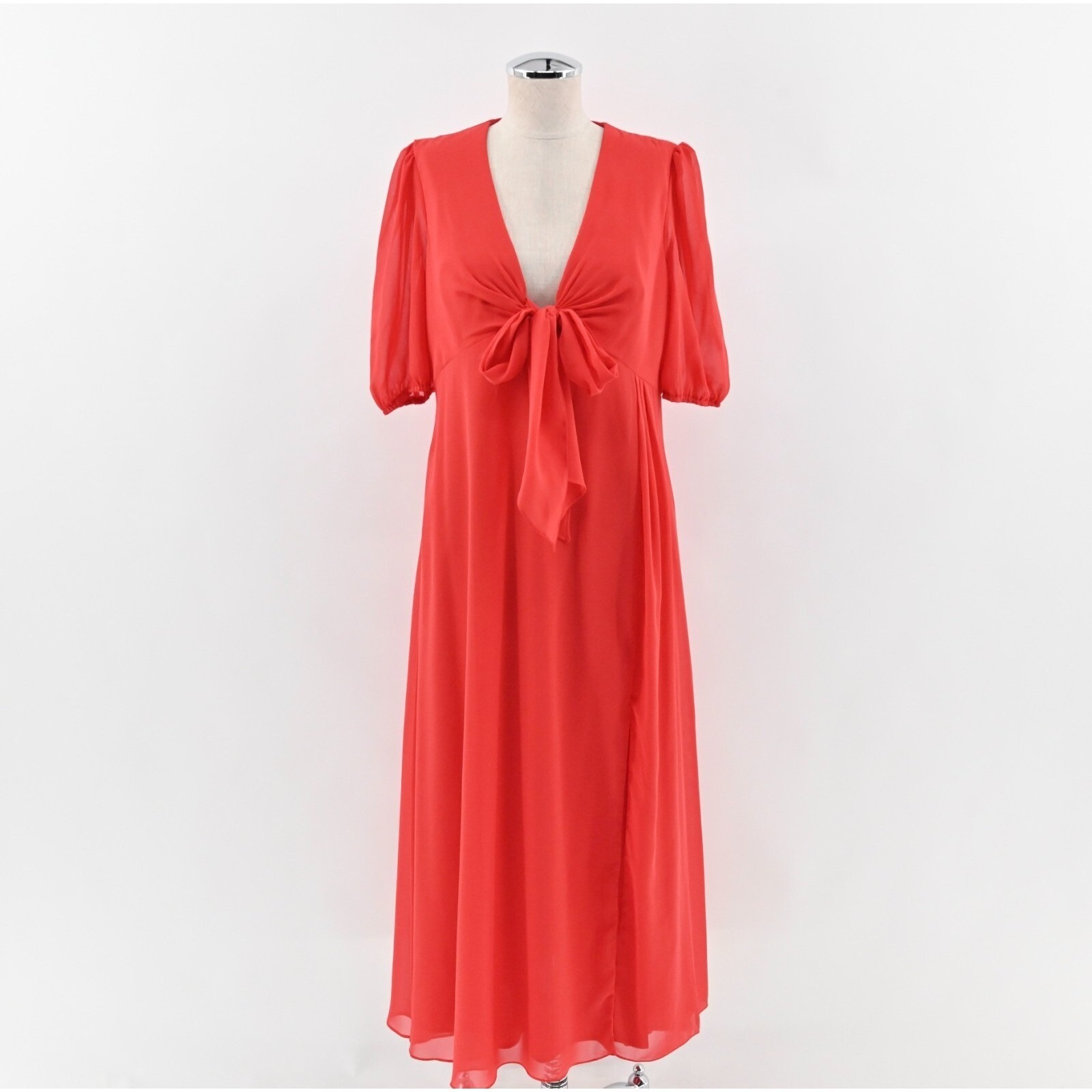 Mac Duggal Ieena Midi Dress Sz 10 Chili Red Chiffon Vneck Bow Detail Flowy 55627